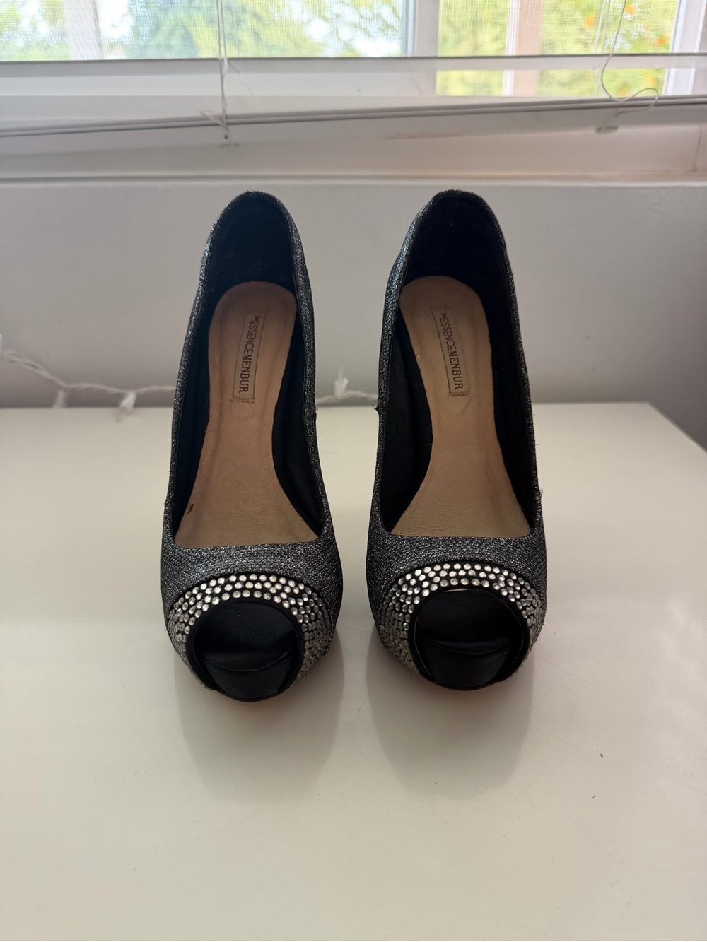 The Essence Menbur Black Peep-Toe Rhinestone Accent Heels